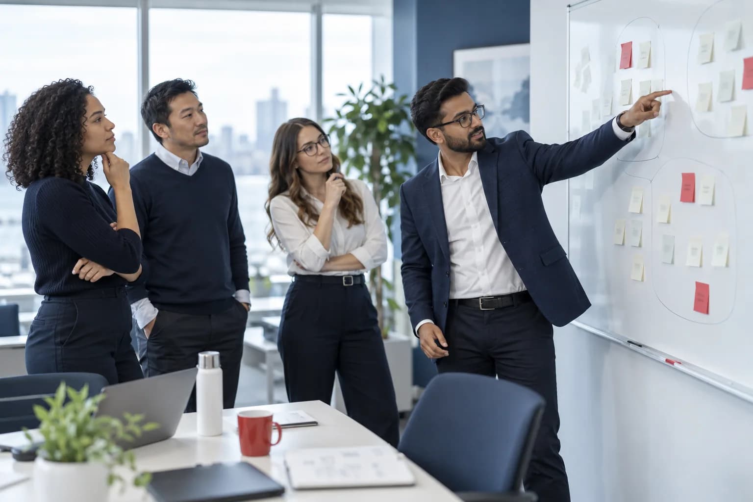 A small team grouping interview notes into themes on a whiteboard