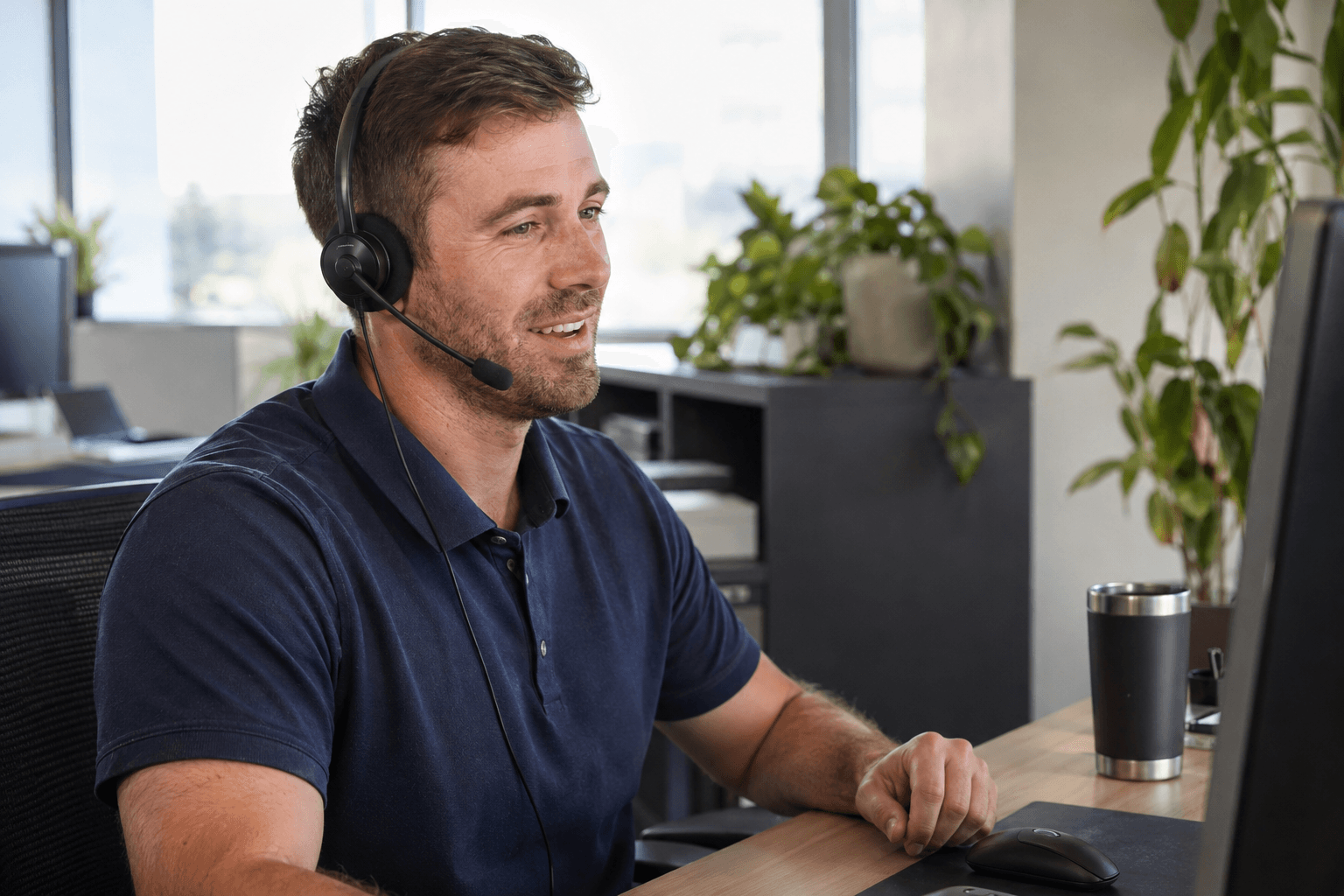 An outbound telemarketing specialist speaking with a customer at his desk