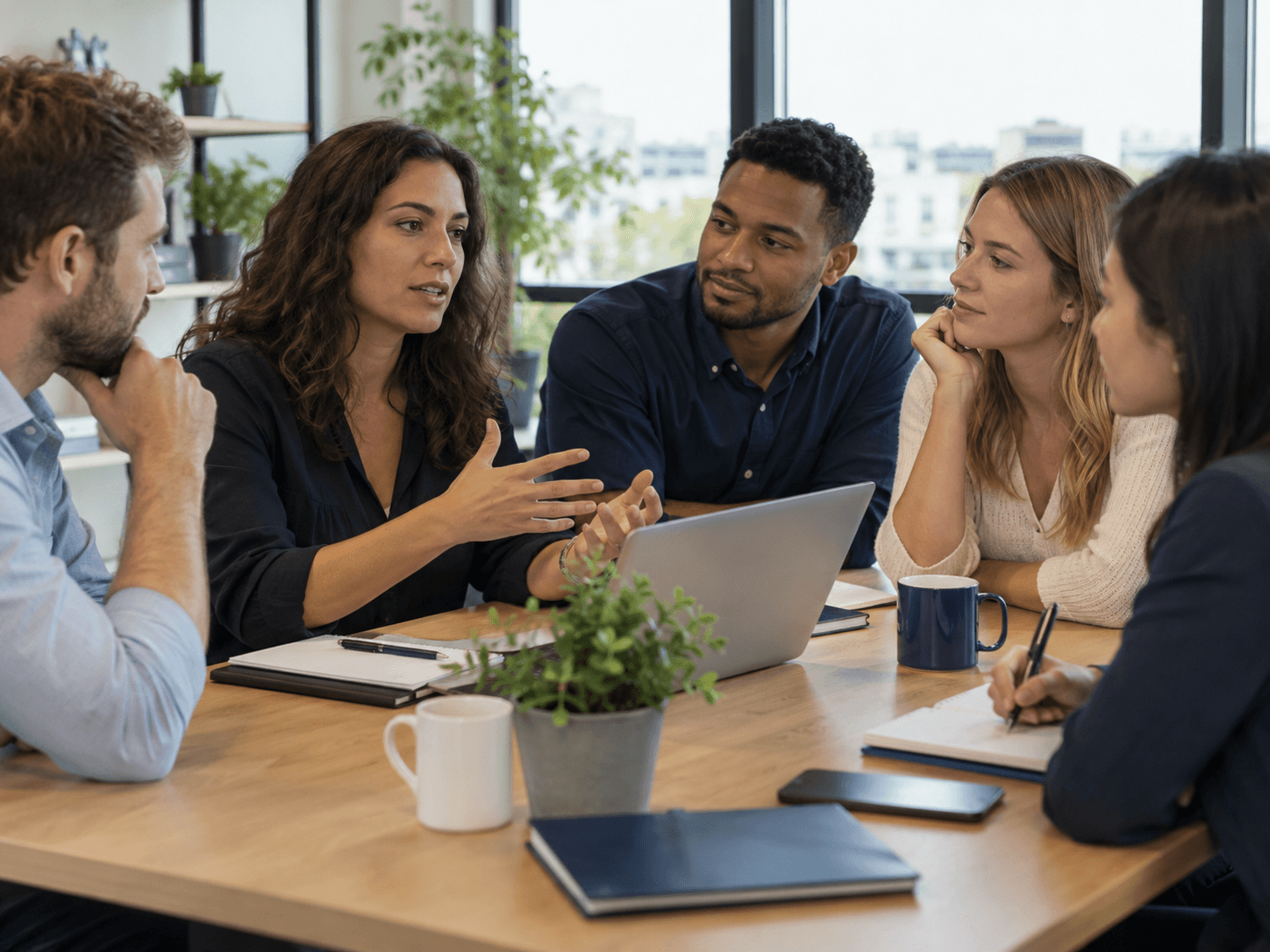 A business support team discussing a campaign around a table