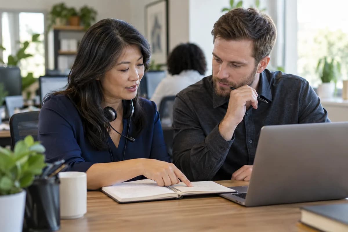 Two support professionals reviewing call notes and the next follow-up together