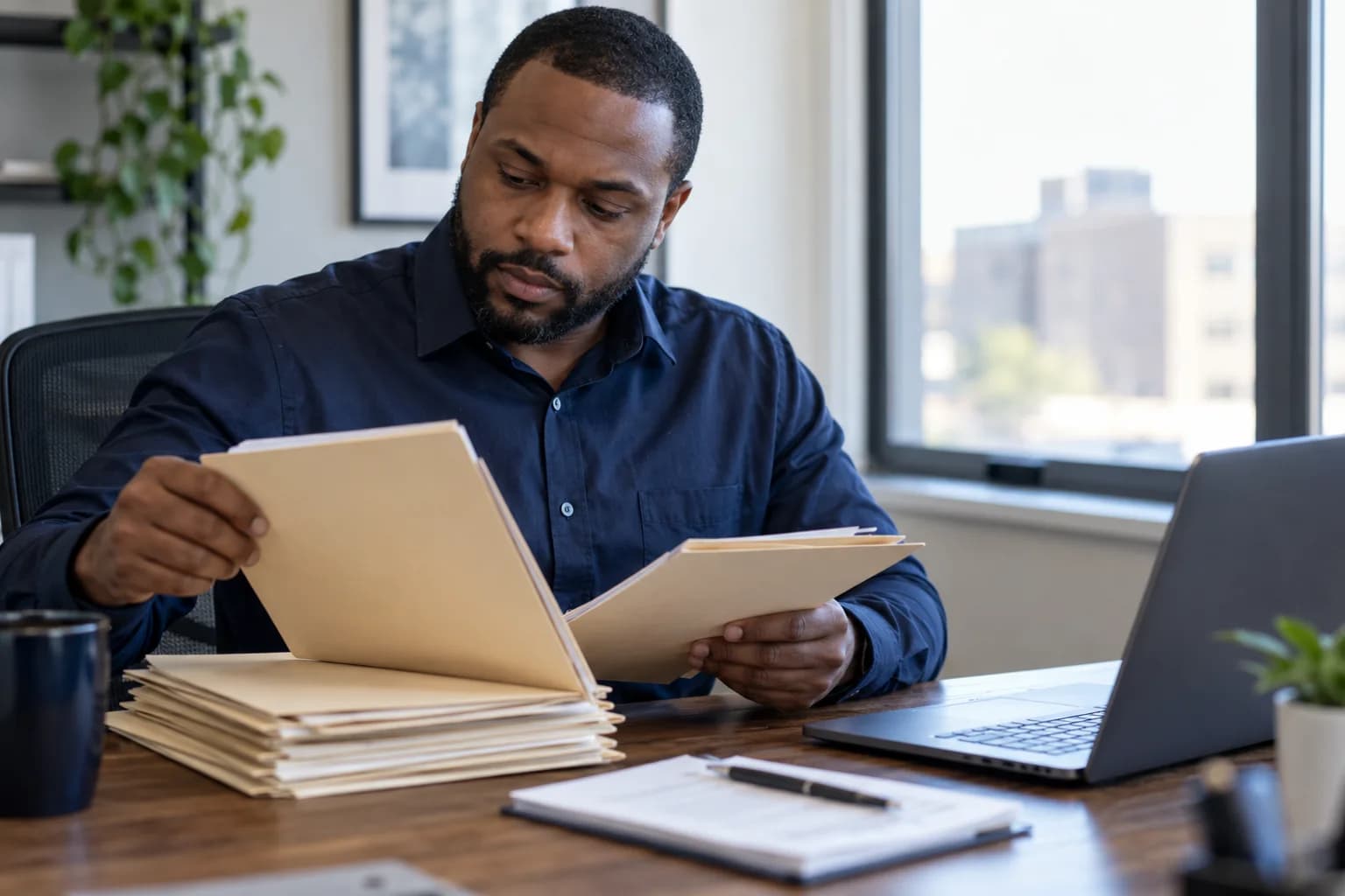 Operations manager organizing records and a task checklist