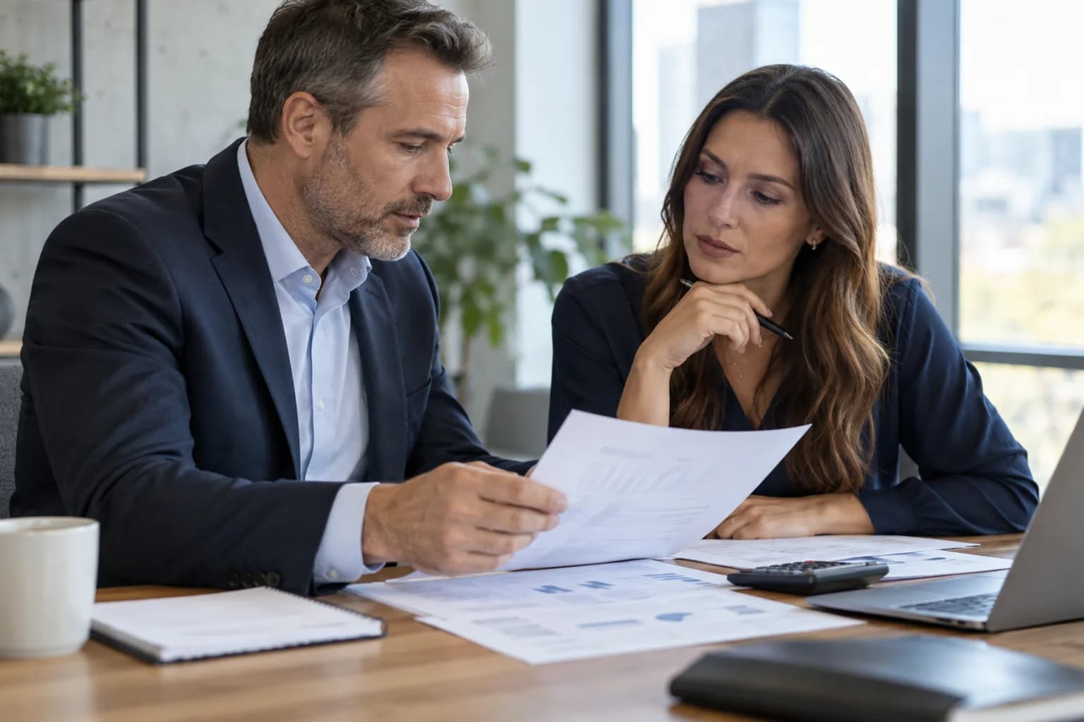 Business owner and advisor comparing quote details at a meeting table