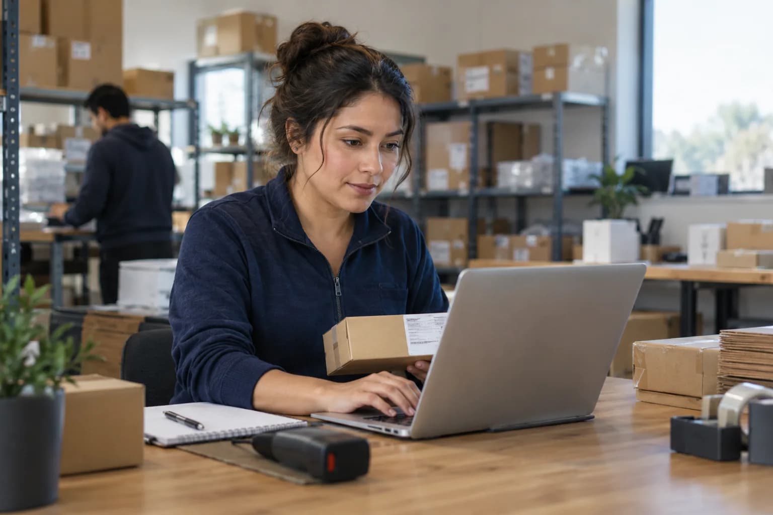 Ecommerce specialist checking an order at a packing workstation