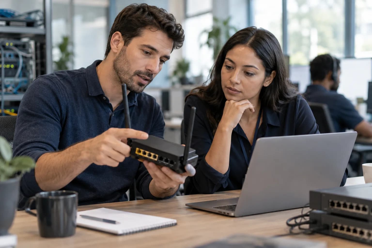 Telecommunications specialists reviewing a router and support information
