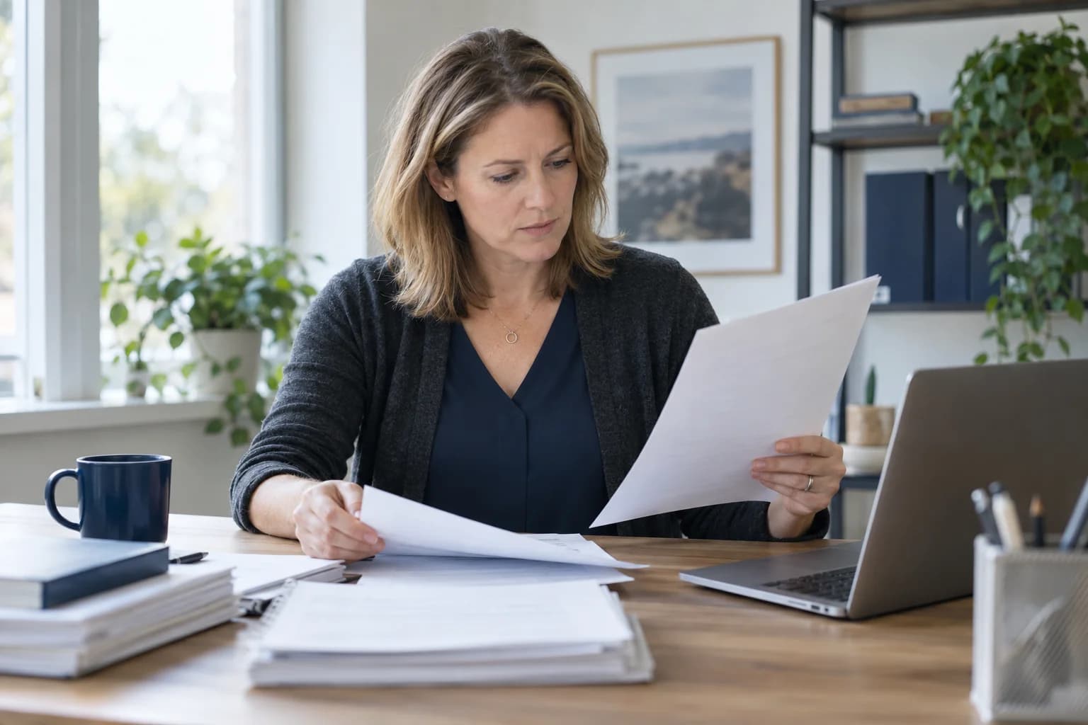An administrative specialist comparing paper records beside a laptop