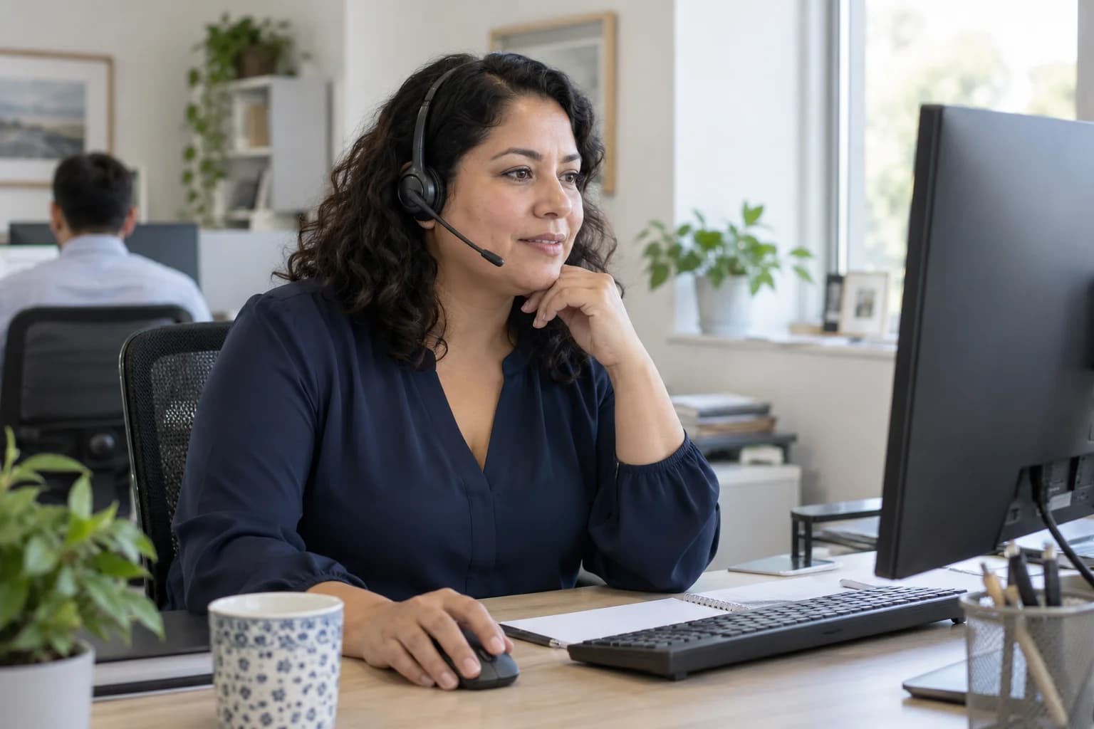 A multilingual customer advisor listening to a caller at her desk
