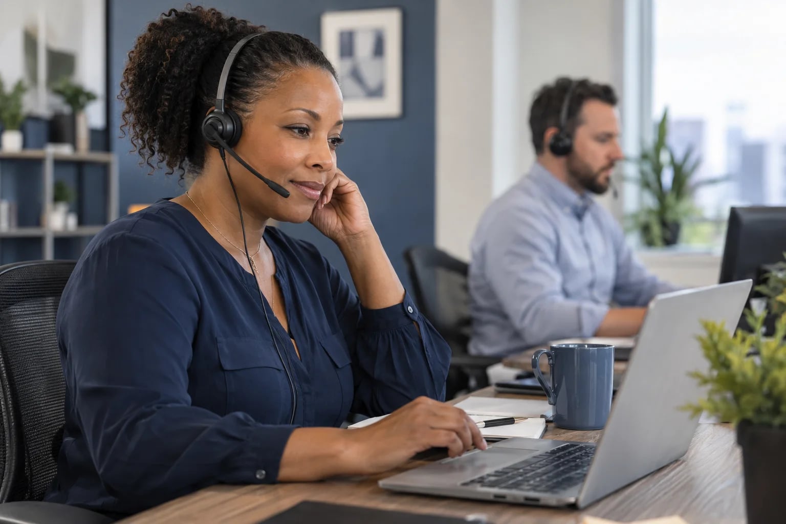 A headset-wearing calling specialist listening attentively at her workstation