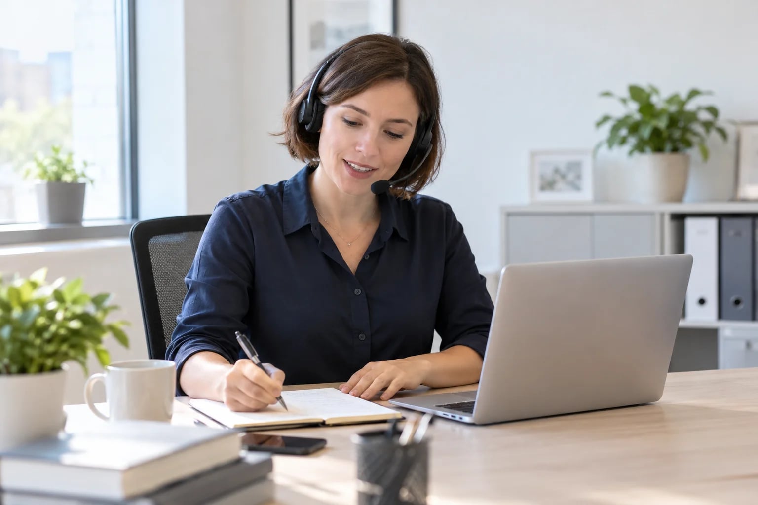 A calling specialist checking her notes beside a laptop during a phone conversation